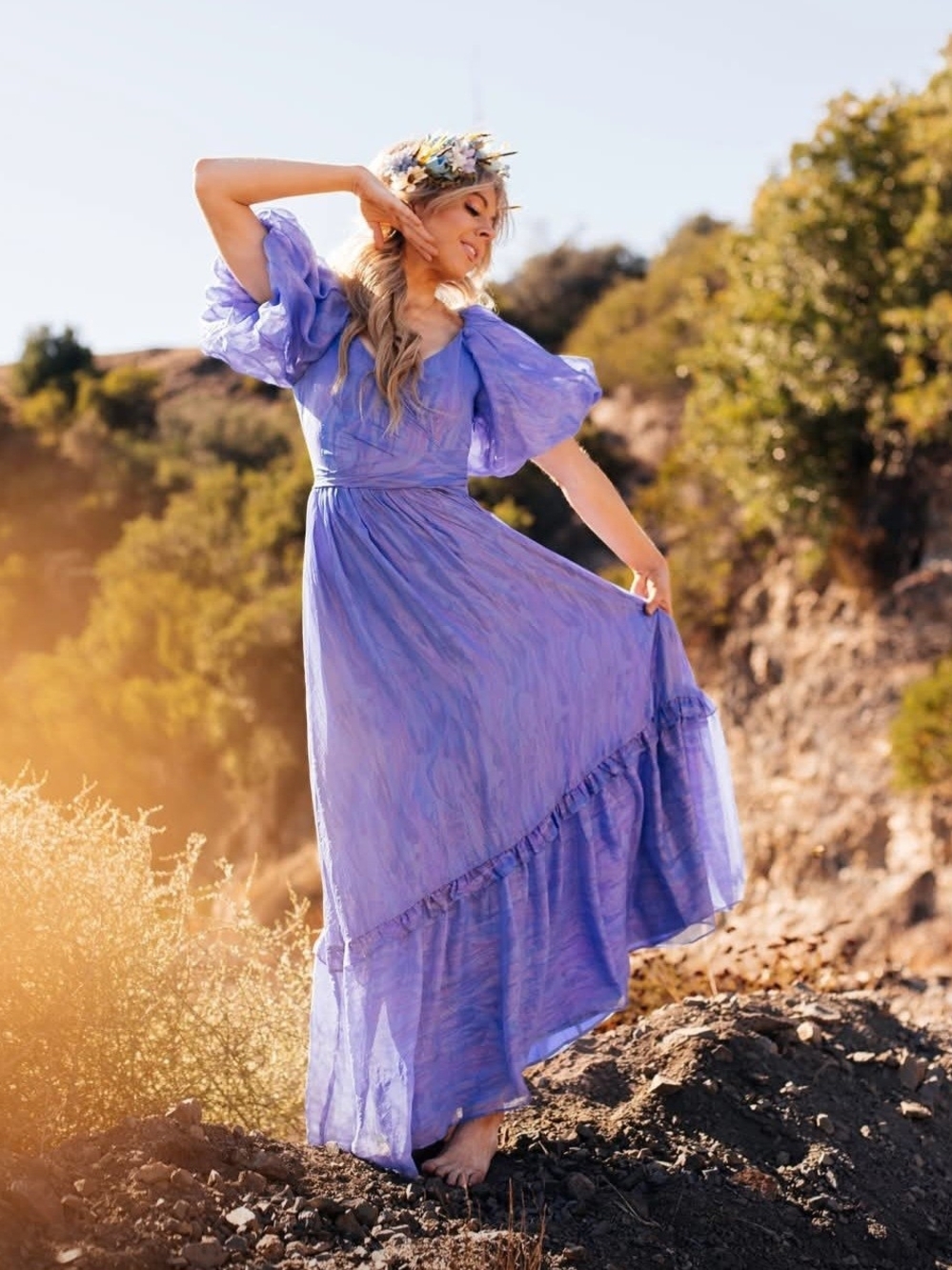 JessaKae Lindsay Sterling Blue Puff Sleeve Irridescent Fairy Maxi Dress NWT L
